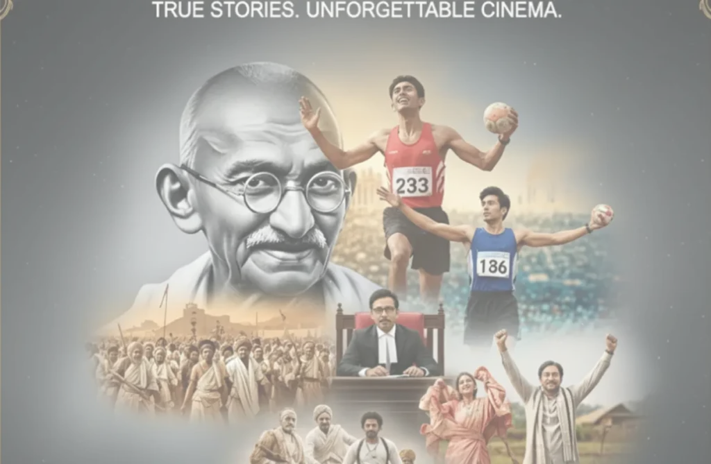 Poster collage of Indian movies based on true stories, featuring historical freedom movements, sports achievements, courtroom drama, and inspiring characters.
