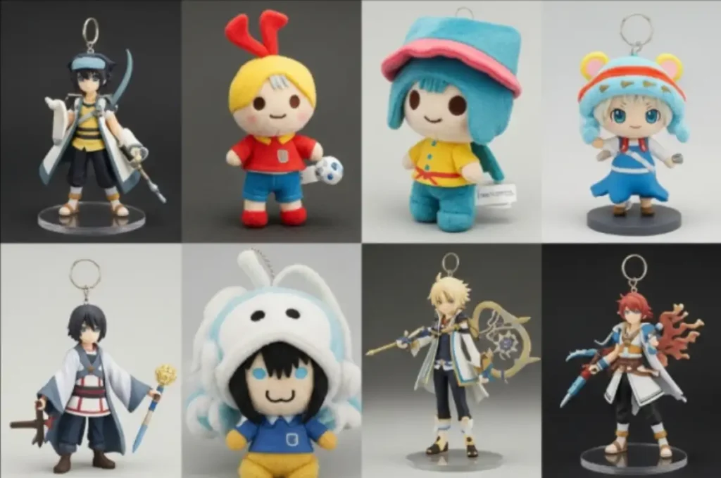 Collection of anime figures and plush toys showcased by Great Eastern Entertainment, featuring keychains, action figures, and character plushies.