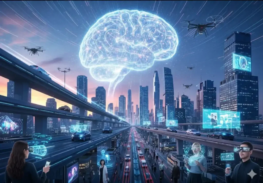 Futuristic city with AI-powered technology, digital brain hologram, drones, self-driving cars, and people using AR/VR — showing how AI is changing the world.